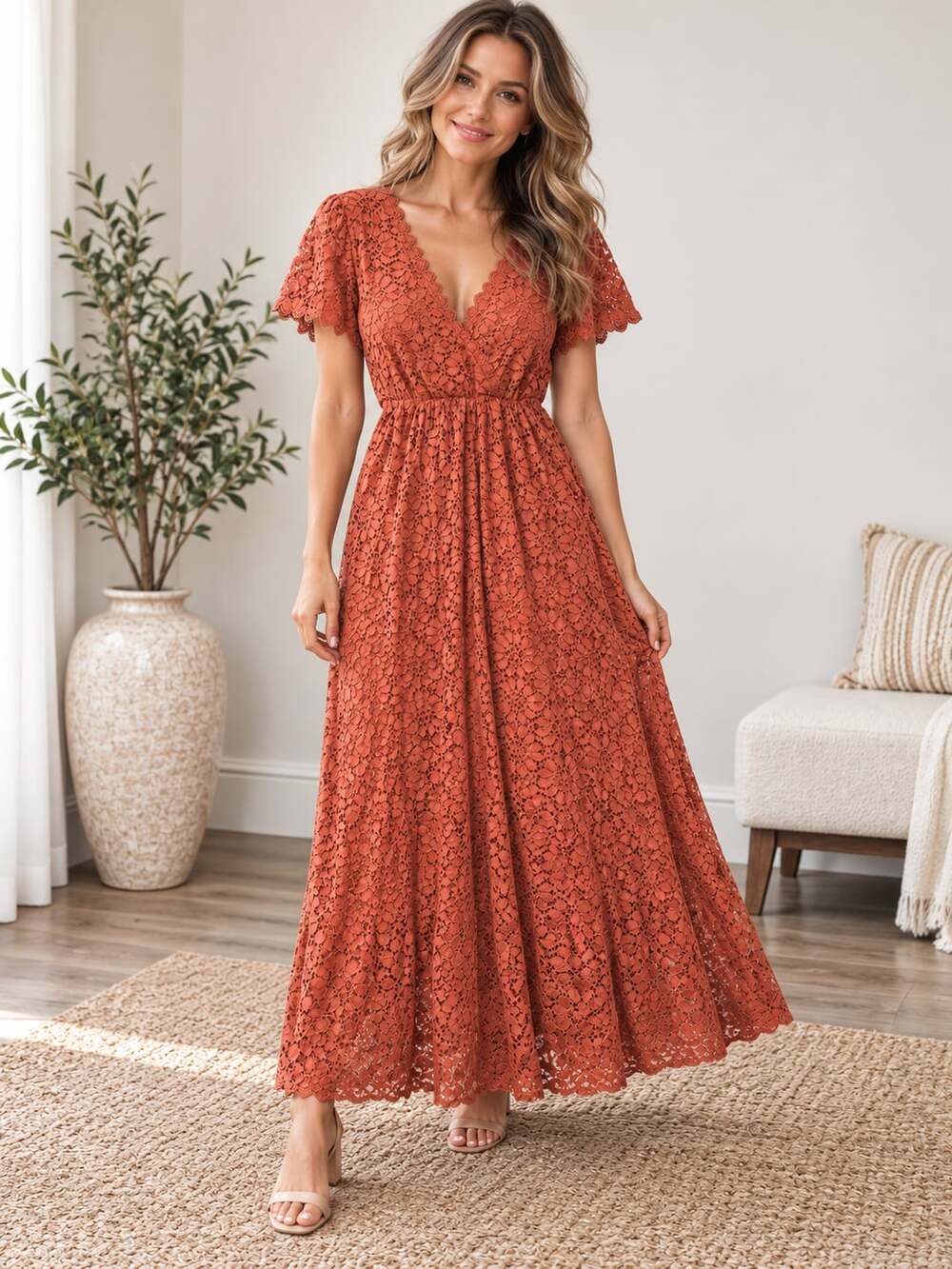 Baltic Born Venice Lace Maxi Dress Rust V Neck Wedding Guest Boho Size S